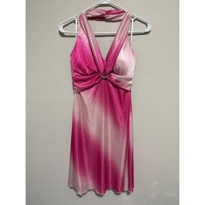 Alyn Paige Pink Ombre Satin Halter Mini Dress Rhinestone Buckle Y2K Medium